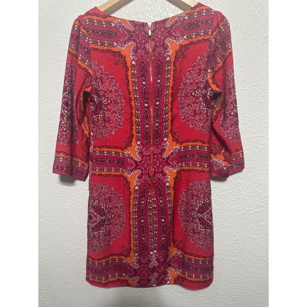Laundry by Shelli Segal Red Orange Pink Medallion Print 3/4 Sleeve Dress Size 8 - Picture 4 of 10